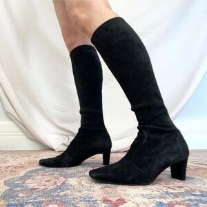 Stuart Weitzman Chicboot Stretch Black Suede Leather Knee High Boots Size 9.5